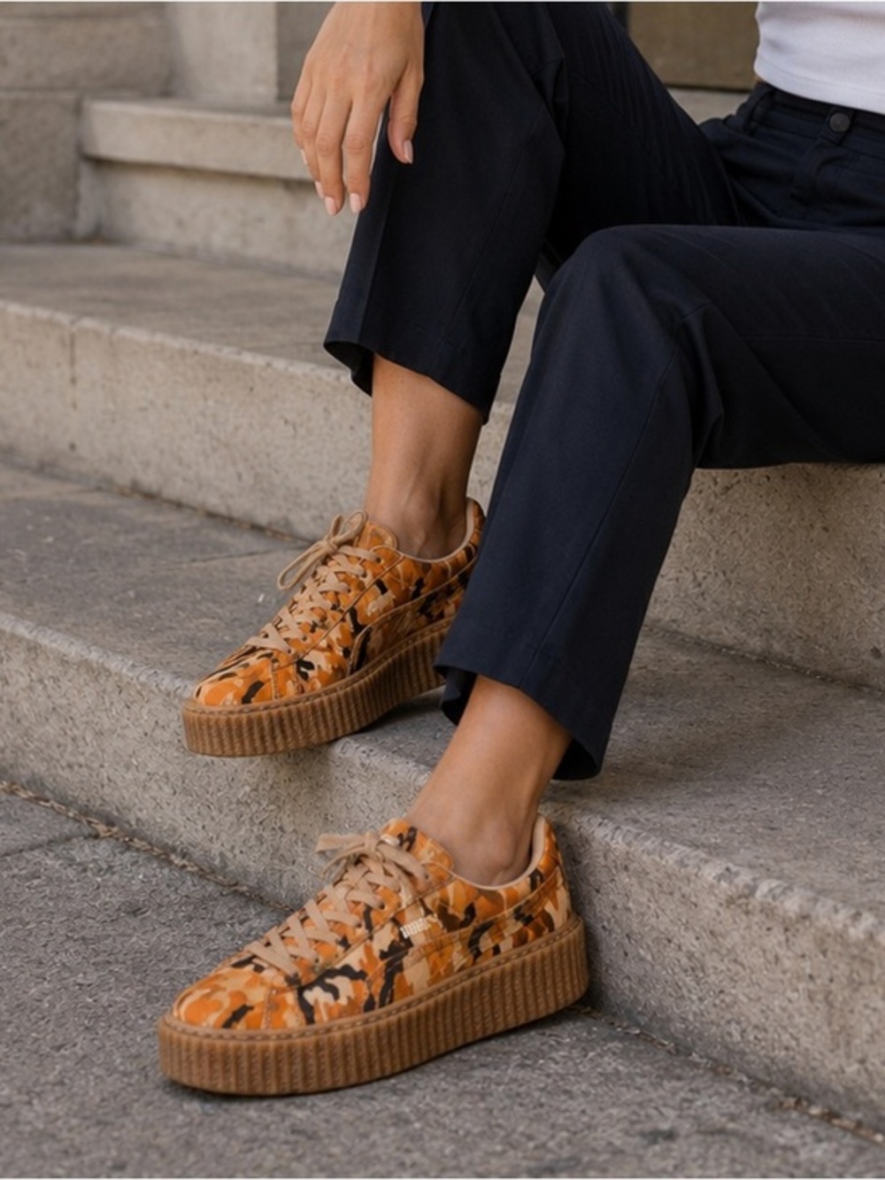 Puma Suede creepers camo Rihanna sneakers size 7.5 orange oatmeal